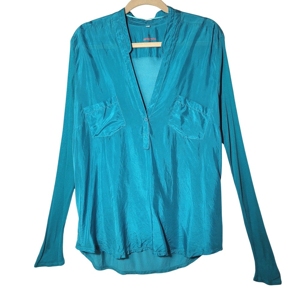 Pete & Greta Turquoise Mixed Media Ribbed Knit V-Neck Tunic Top Large